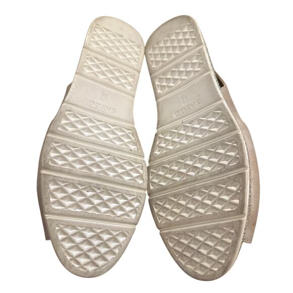 Women 39 8.5 Saydo Sandals Flats Shoes Camel Brown Leather Peep Toe Slide On - Picture 8 of 9